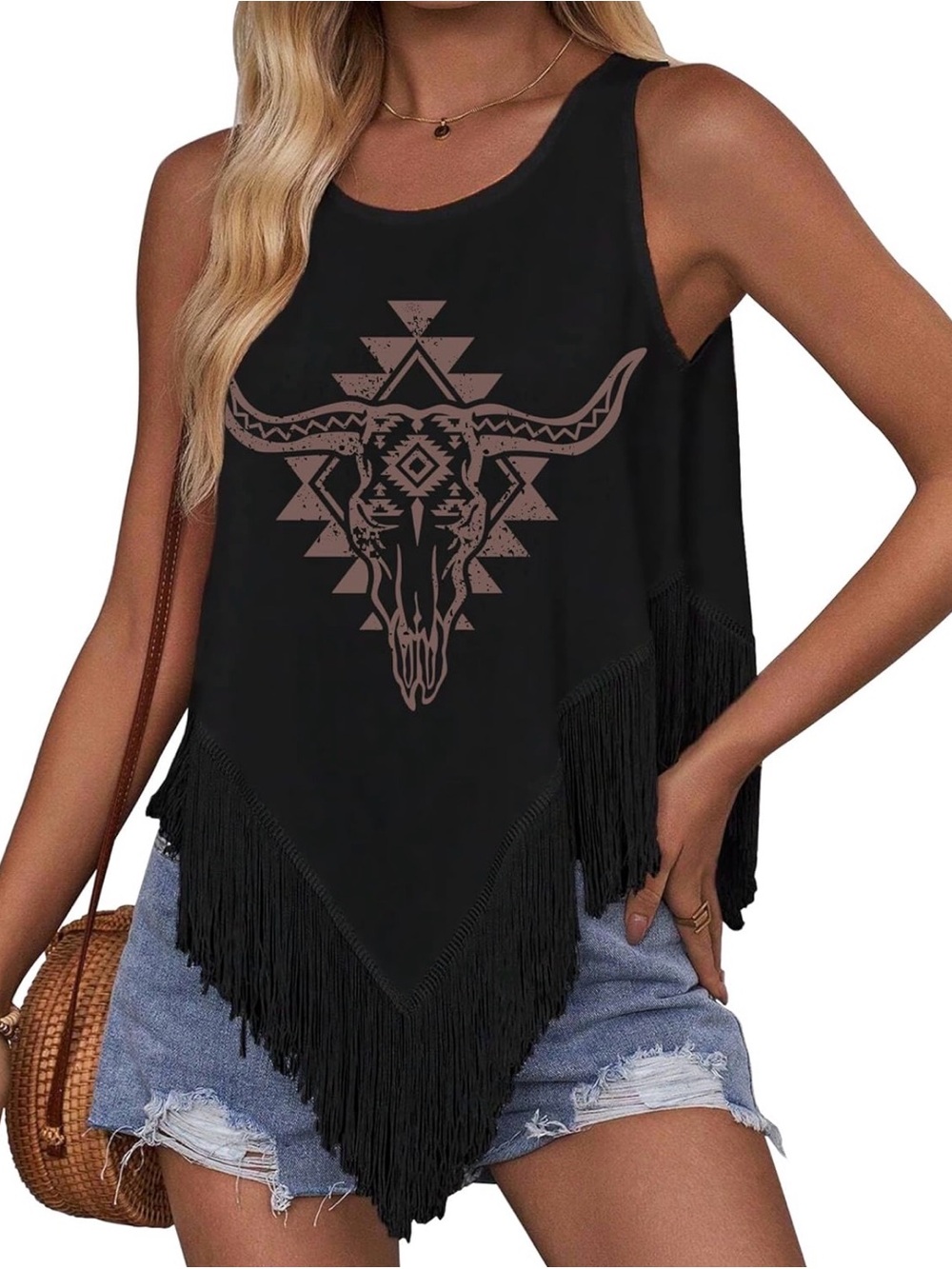 Black Boho Fringe Tank Top with Longhorn Graphic